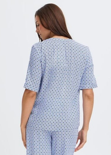 Blusa Joella v/hálsi,  blá/ráhvít